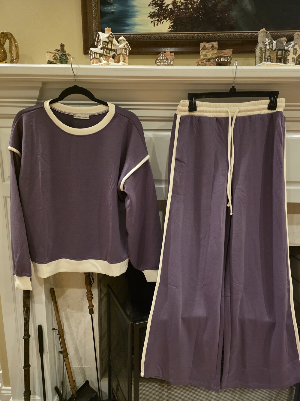 Zenana Outfitters Purple Wide-Leg Scuba Set with Cream Trim